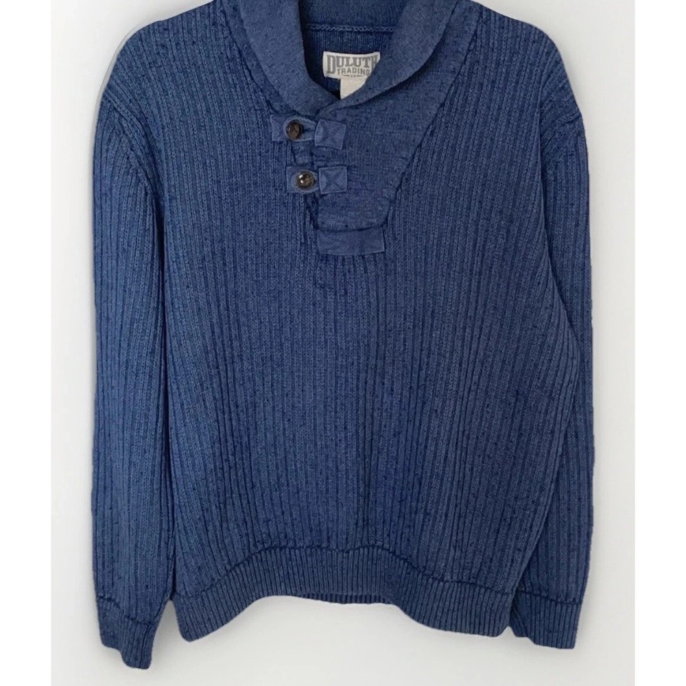 Duluth Trading Co Wool Blend Rib-Knit Sweater 2-button Shawl Collar Men's L Blue